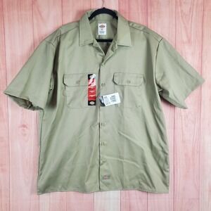 Dickies Mens Shirt XL Khaki Polyester Collared Short Sleeve‎ Pocket Button Up